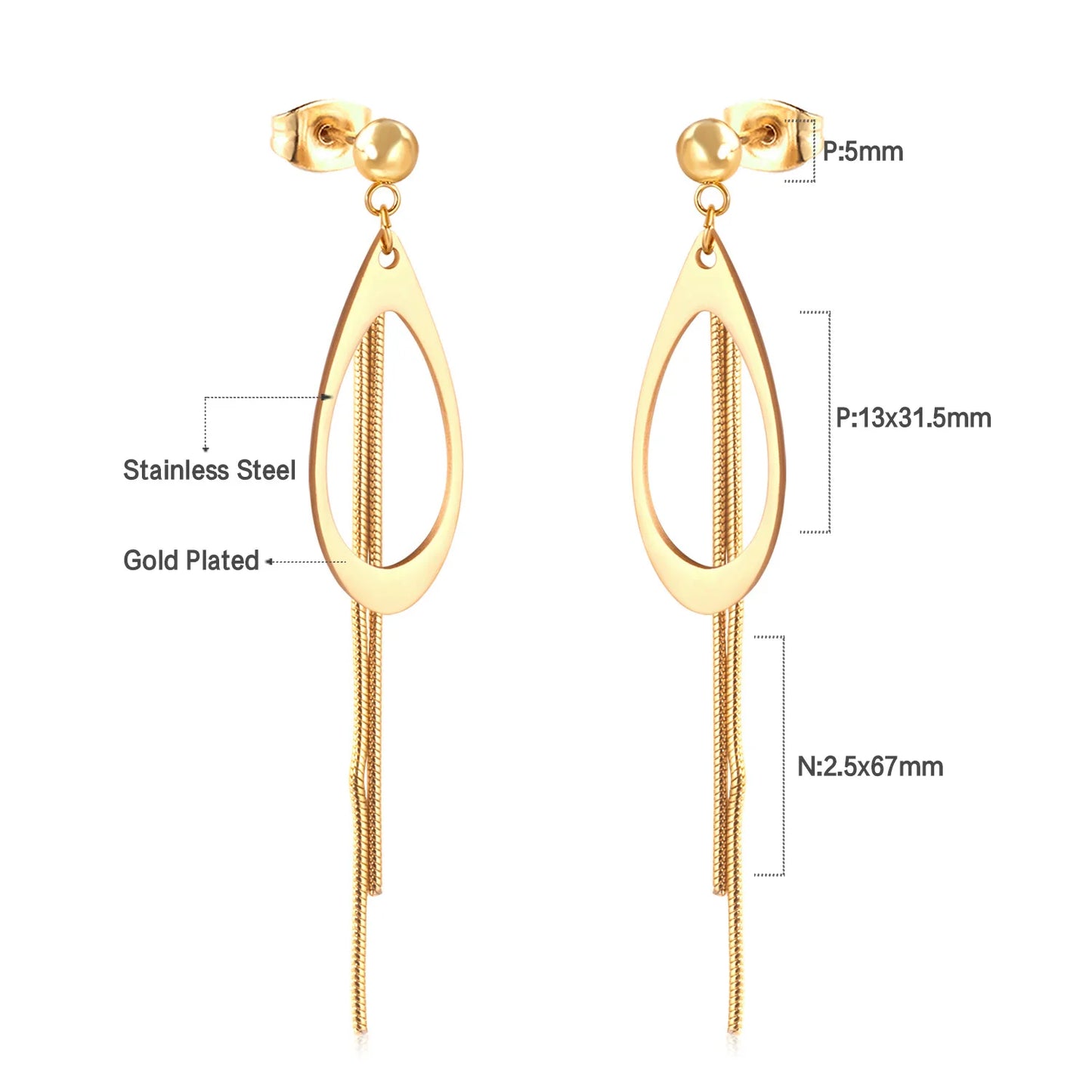 Long Tassel Drop Earrings – 18K Gold-Plated Stainless Steel Dangle Earrings for Women