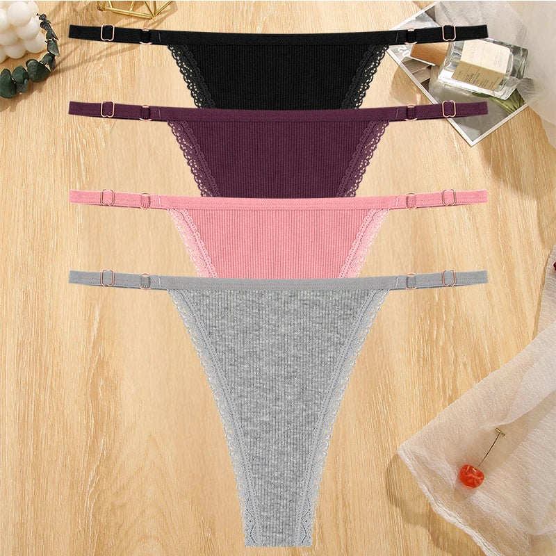 Women's Cotton Lace G-String Thongs – 4-Piece Set | Low Rise Adjustable Waistband Hipster Underwear (S–XL)
