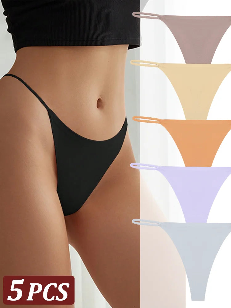 5-Pack Seamless Thong Underwear – Low-Rise Ice Silk G-String Panties for Women (XS–XL, 24 Color Sets)