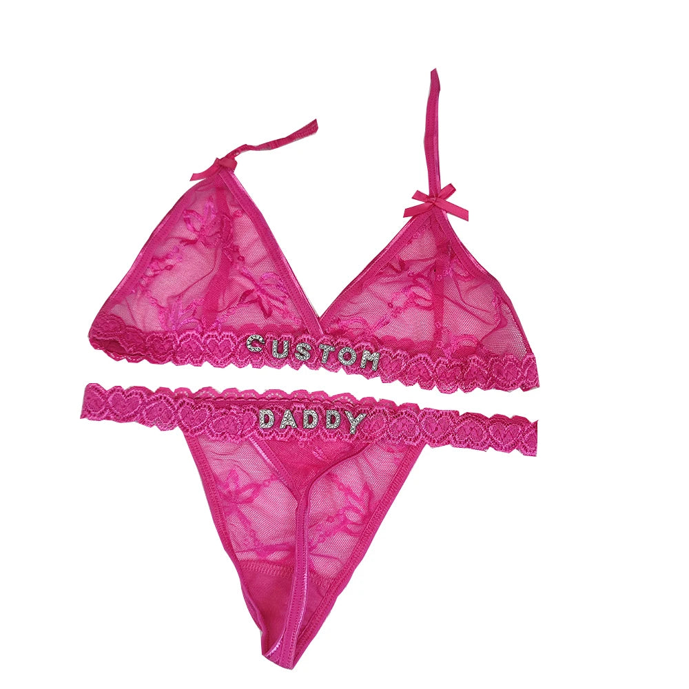 Personalized Rhinestone Thong & Bra Set – Custom Name Lingerie