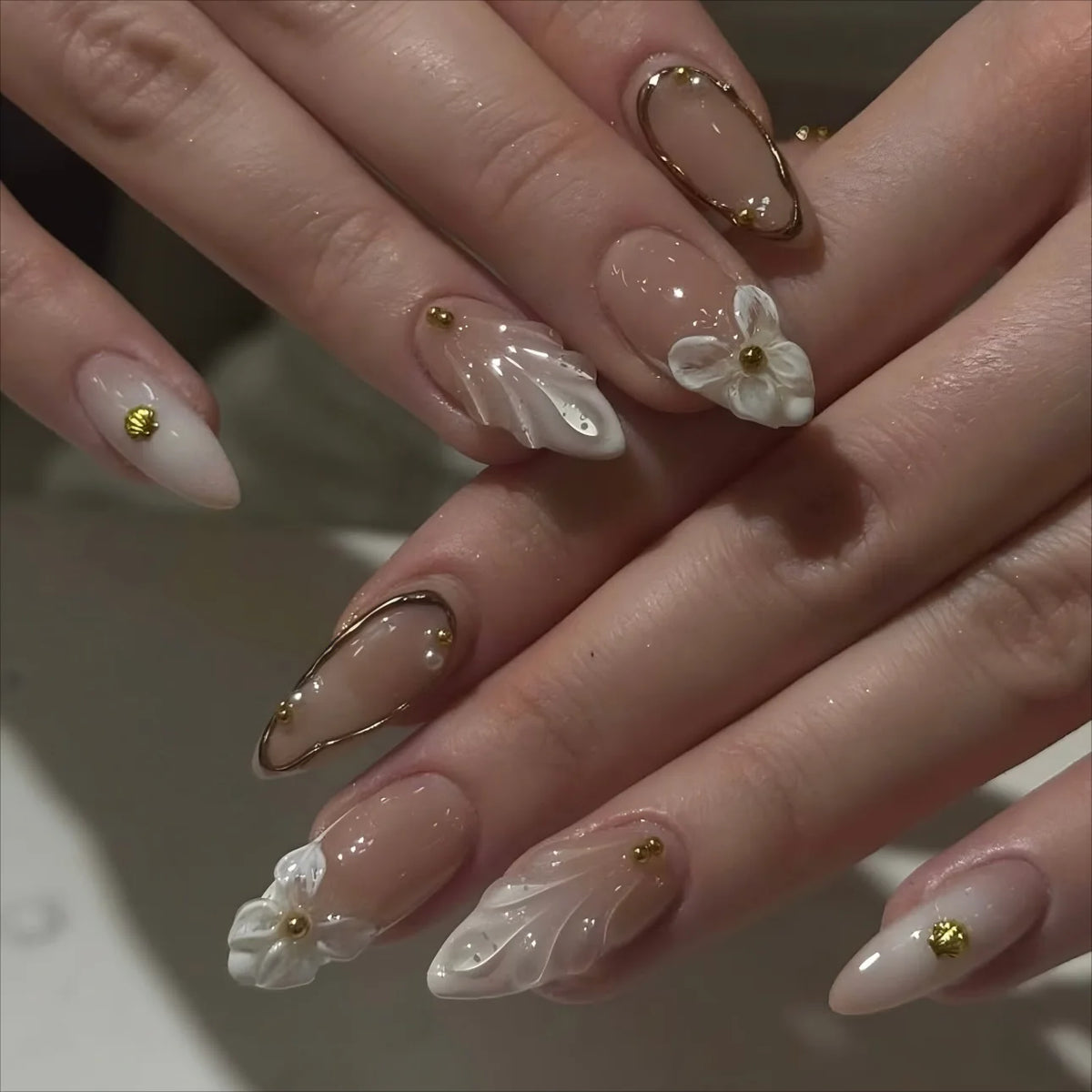 Almond Press-On Nails - 3D Floral, Butterfly & French Tip, 24 Pieces