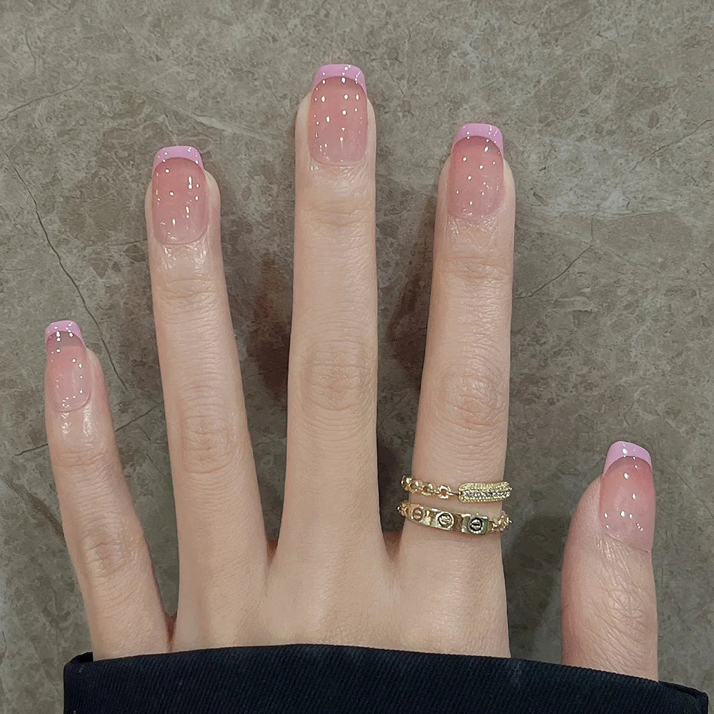 Short Press-On Nails - French Tip, Bow & Glitter Designs, 24 Pieces
