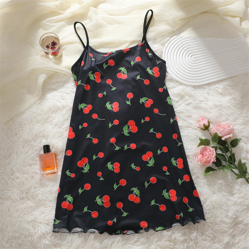 Butterfly Print Satin Sleep Dress — Spaghetti Strap Mini Nightgown