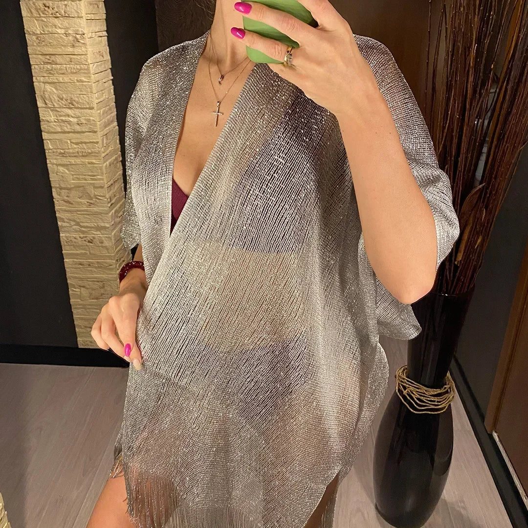 Metallic Tassel Trim Beach Cover-Up — Sheer Kimono | Women's Swimwear
