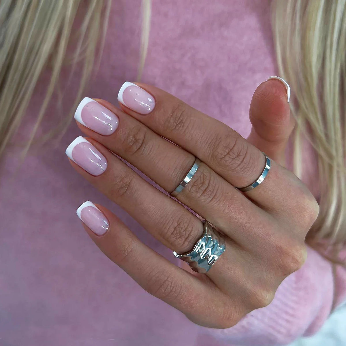 Nude Pink Short Square Press-On Nails - French & Gradient, 24 Pieces