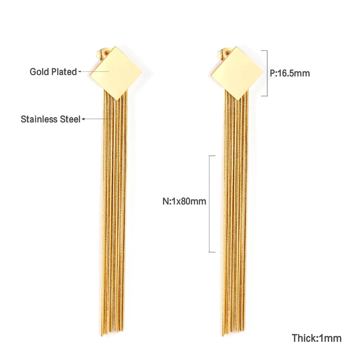 Long Tassel Drop Earrings – 18K Gold-Plated Stainless Steel Dangle Earrings for Women
