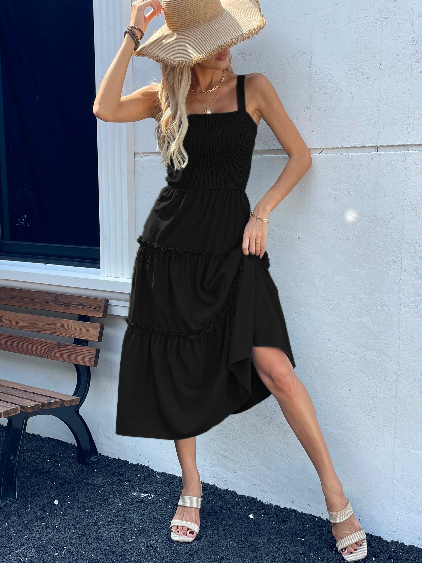 Women's Ruched Bust Ruffle Hem Sleeveless Slip Dress - Summer Sexy Bodycon Tube Strap Dress for Party Beachwear