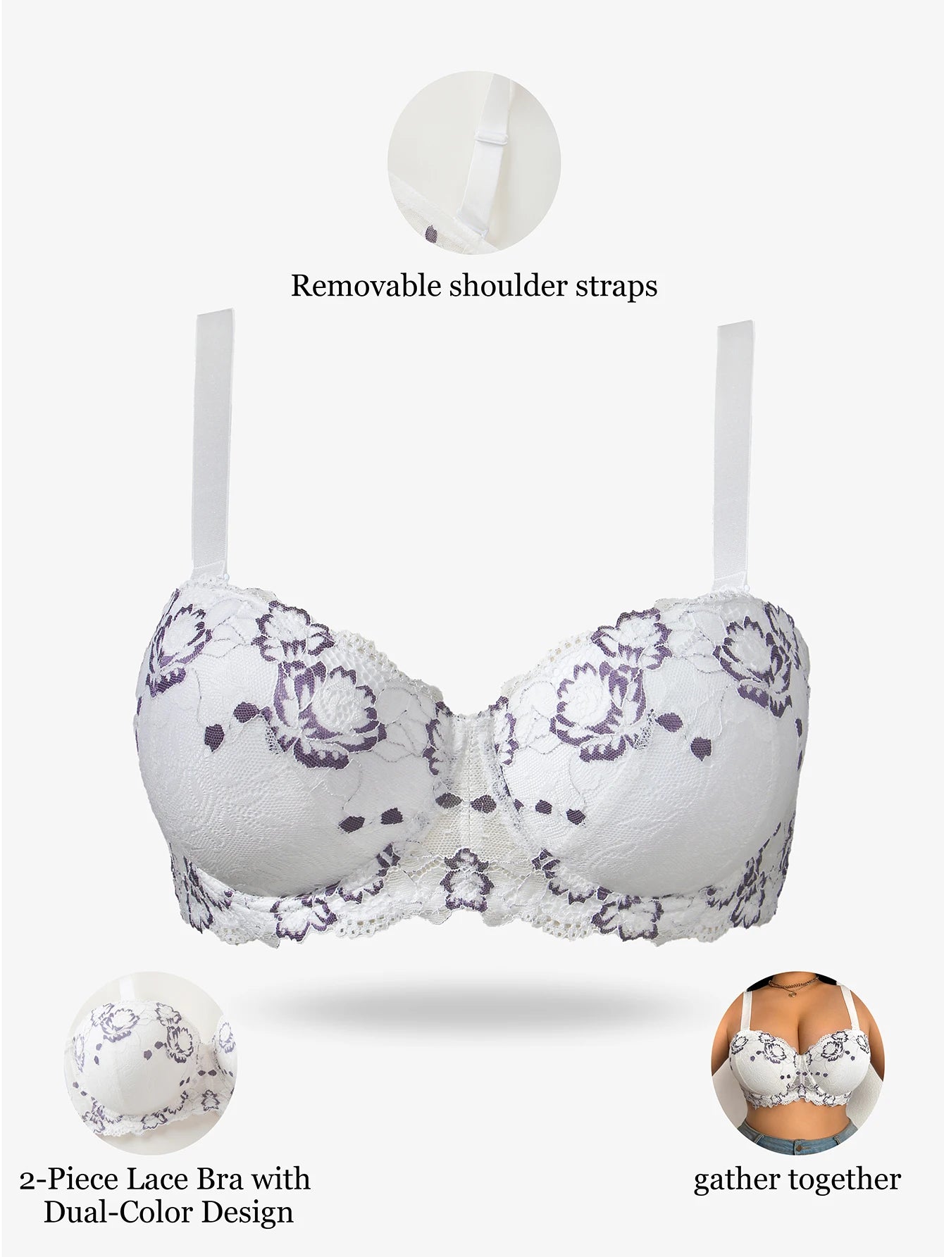 Plus Size Floral Embroidery Push-Up Bra — Wide Strap Underwire | Women's Bra