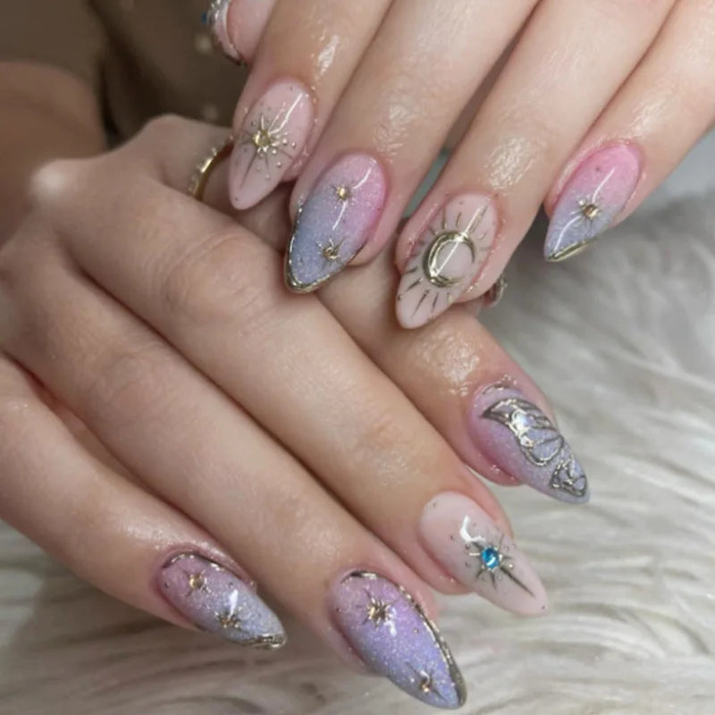Short Almond Press-On Nails with Glue - Butterfly & Floral Glitter, 24 Pieces