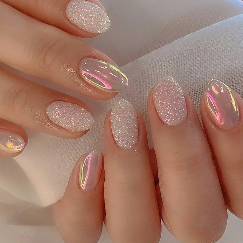 Short Almond Cat Eye Press-On Nails - Glossy Glitter, 24 Pieces