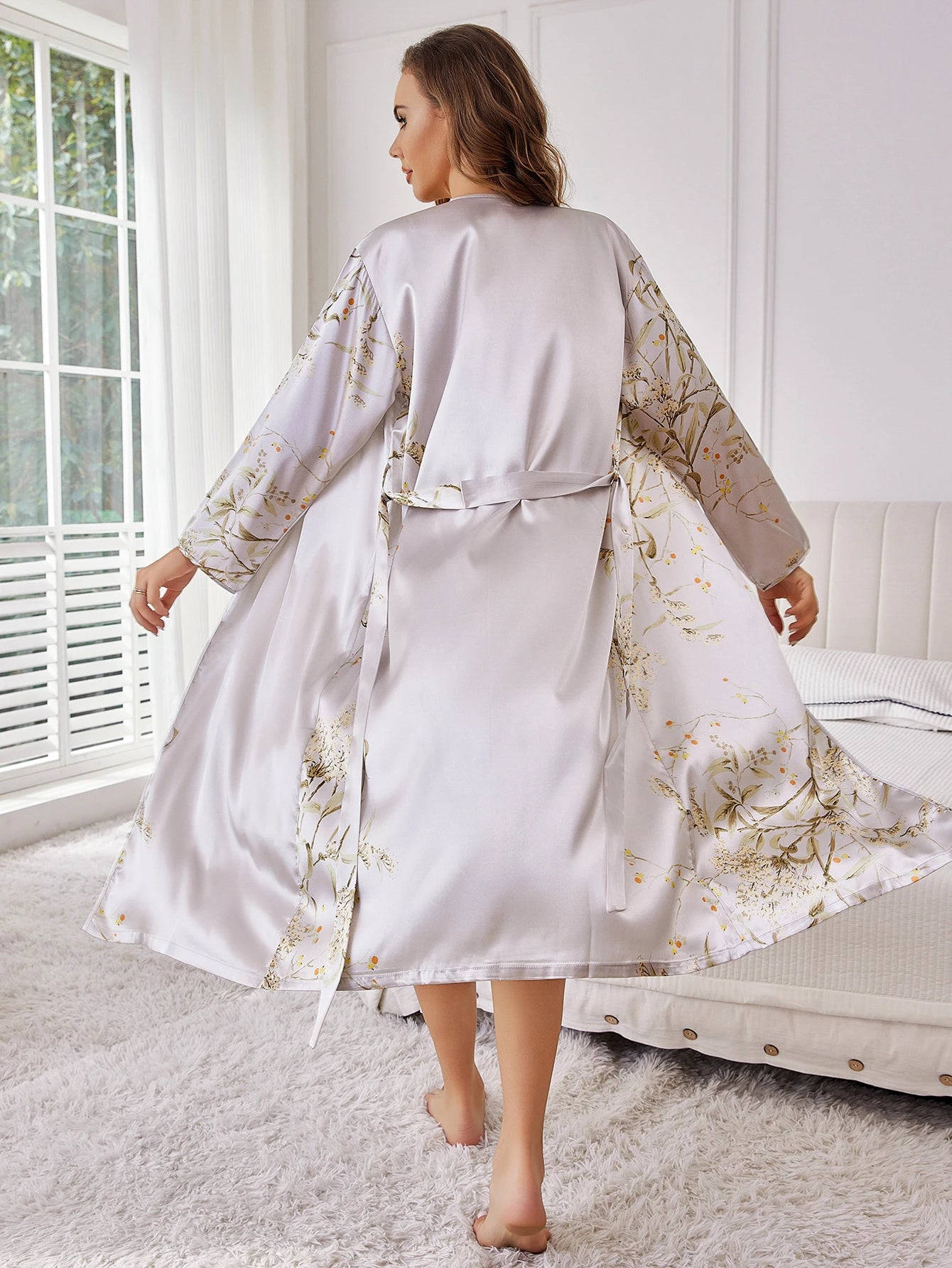 Satin Floral Robe & Camisole Nightdress Set — Elegant 2-Piece Sleepwear