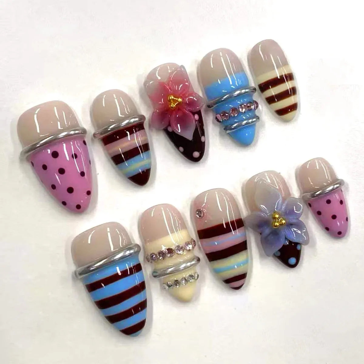 Almond Press-On Nails - 3D Floral, Butterfly & French Tip, 24 Pieces