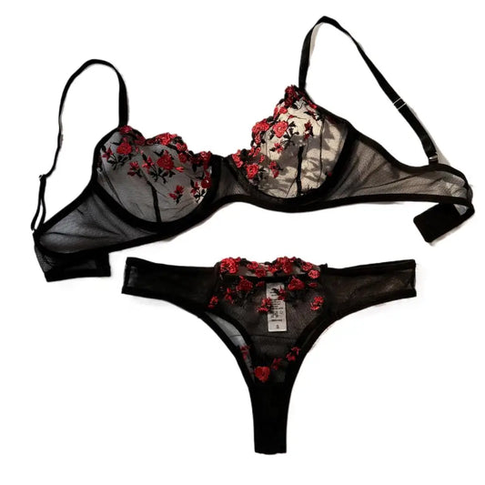 Embroidered Lace Triangle Bra & Thong Set — Wire-Free Bow Detail | Women's Sexy Lingerie