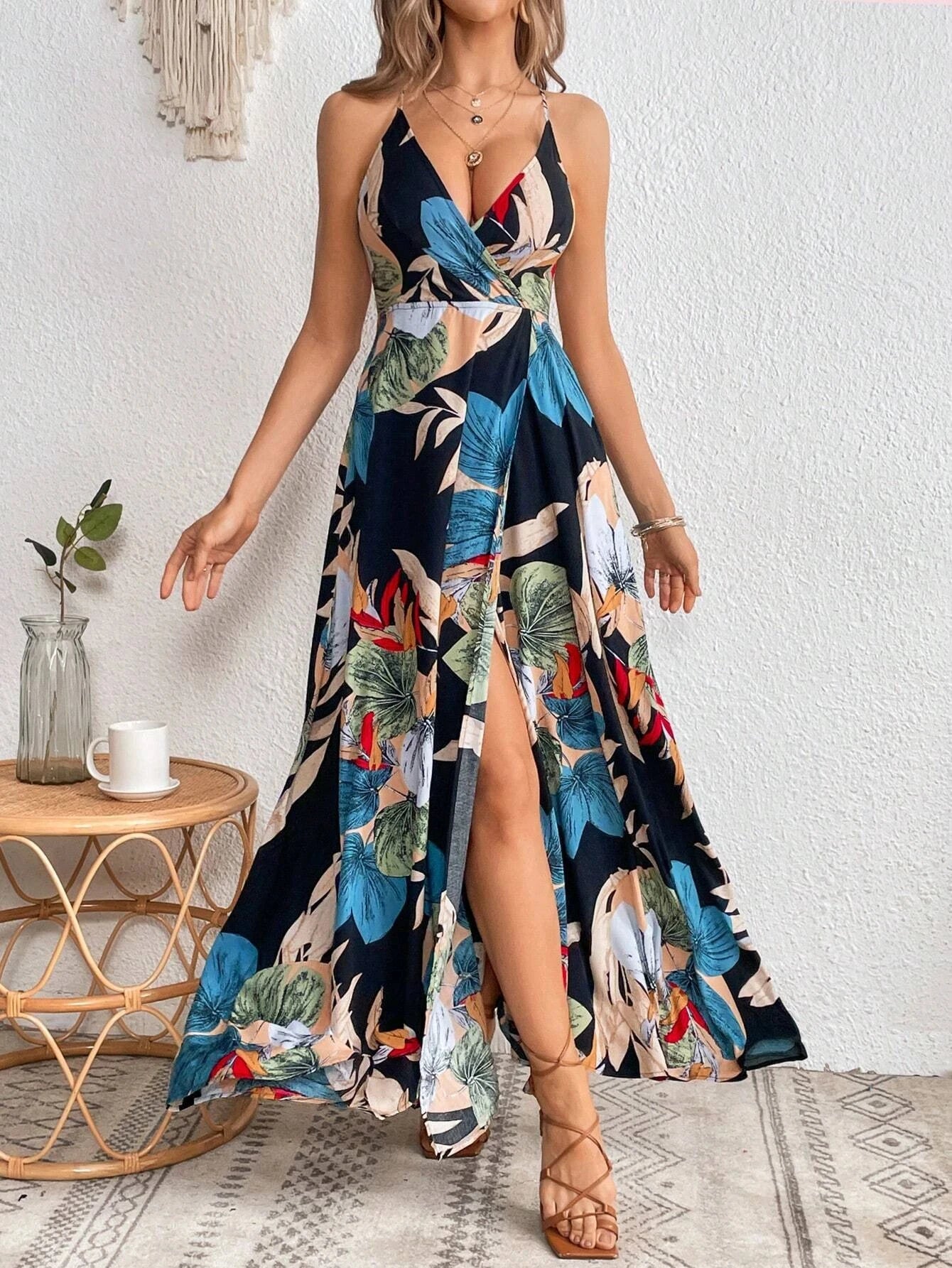 Tropical Print Thigh-High Slit Backless Spaghetti Strap Dress 1056