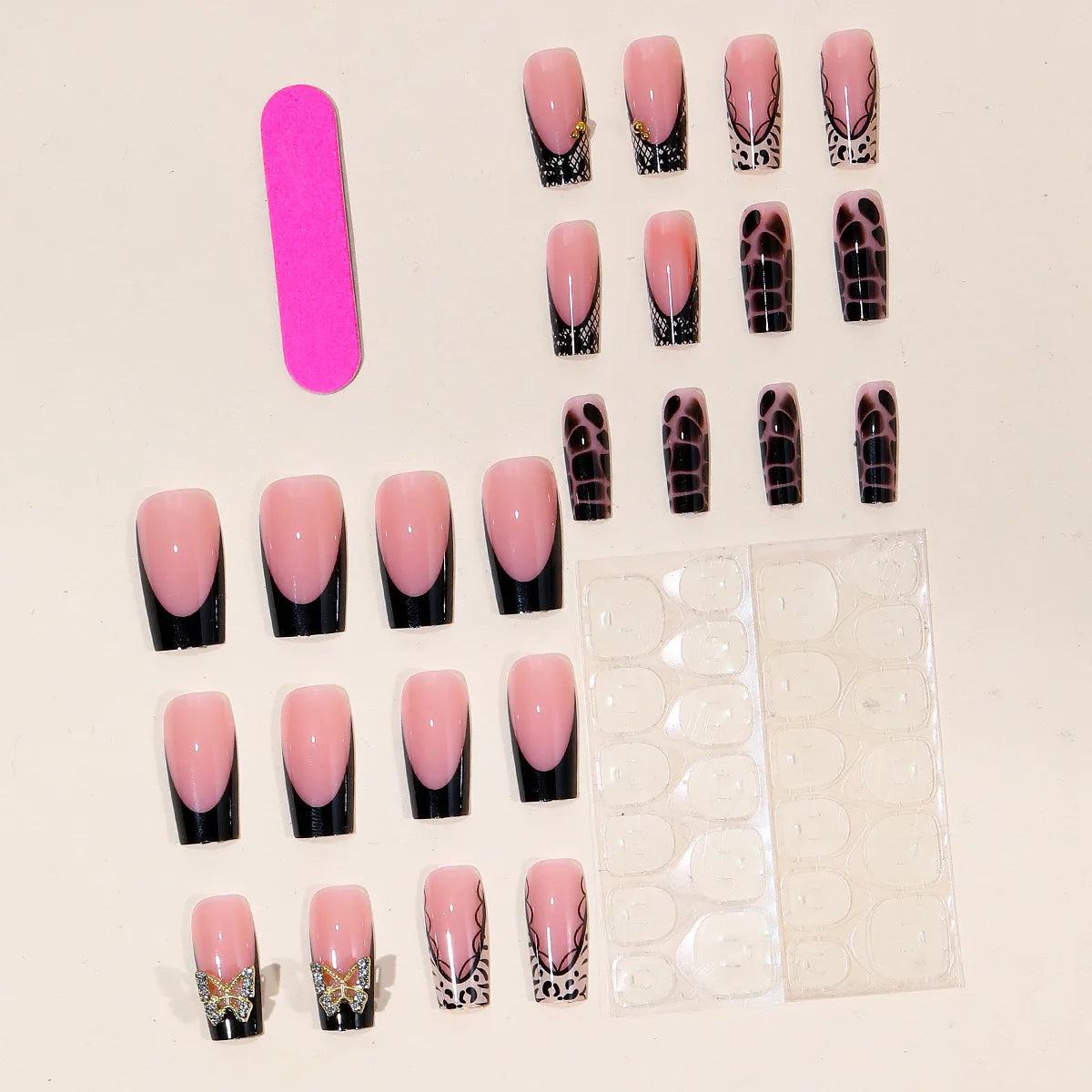 Black French Press-On Nails – Leopard, Lace & Gold Butterfly Designs, 24 Pieces