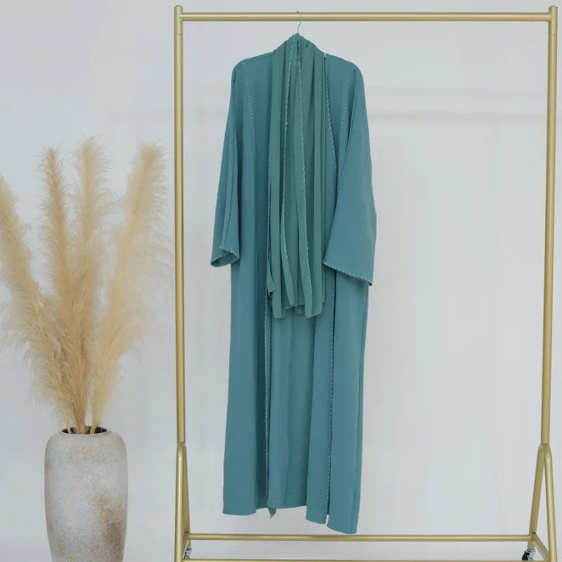 2 Piece Arabia Muslim Modest Cardigan for Women Eid Dubai Hijab Kimono Abaya Dress Luxury Islam Coat Clothing Turkish Solid Robe