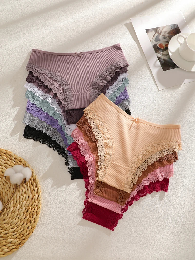 FINETOO 6PCS Women's Cotton Lace Underwear Sexy Crossed Belts Brazilian Panties Female Low Rise Breathable Briefs Soft Lingerie