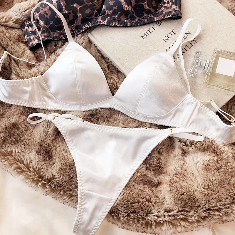 Women's Silken Triangle Bra & Thong Set – Wire-Free French Bralette Lingerie (S–XL)