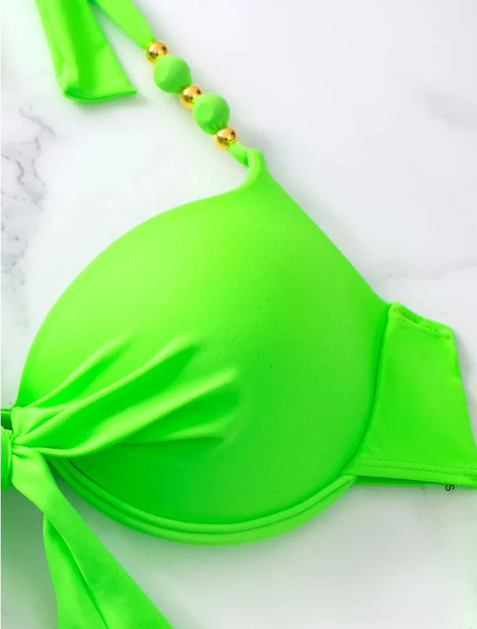 Push-Up Halter Bikini Set — Bow-Tie Top & Printed Side-Tie Bottoms | Women's Swimwear
