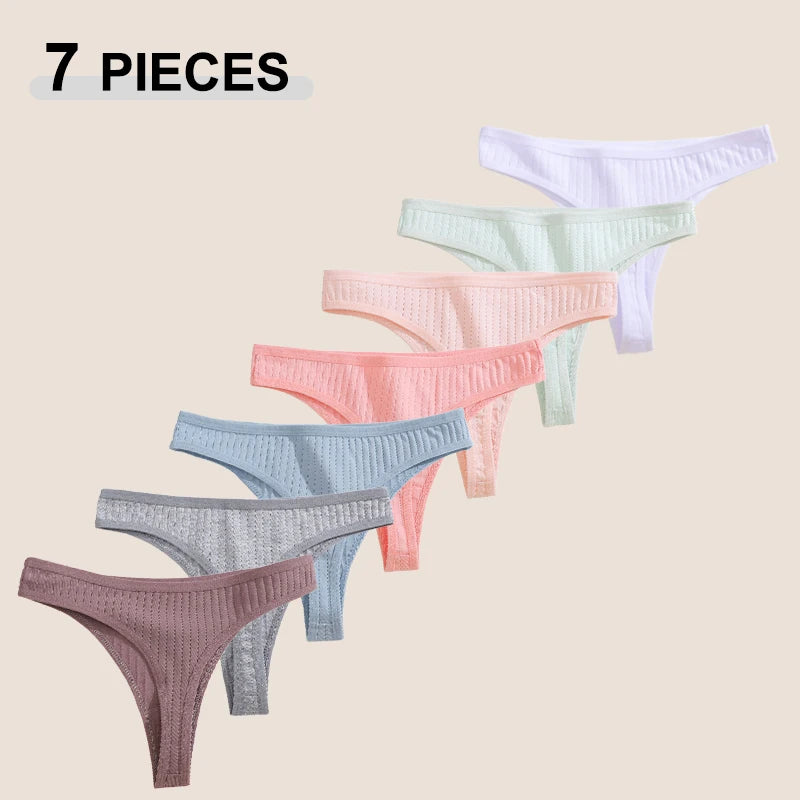 7Pcs/Set Cotton Thread Thongs Underwear Seamless Breathable Bikini T-Back G-Strings Panties Female Low Waist Sexy Lingerie S-XL