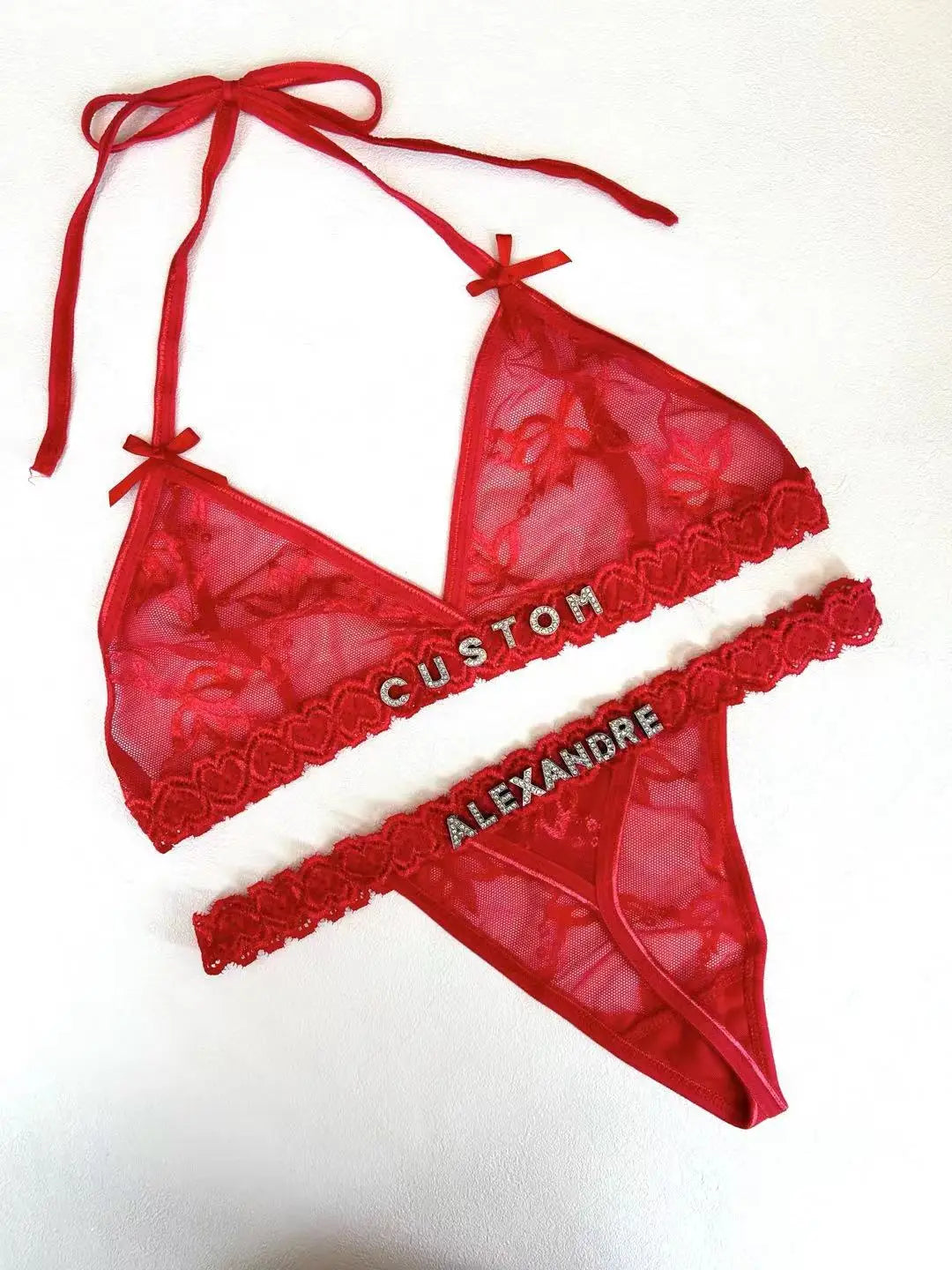 Personalized Rhinestone Thong & Bra Set – Custom Name Lingerie