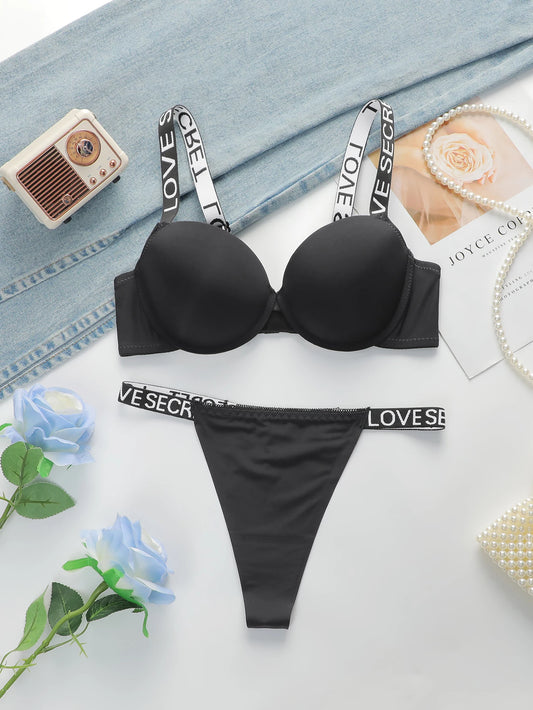 Letter Strap Push-Up Bra & Thong Set — Underwire Half Cup | Women's Sexy Lingerie