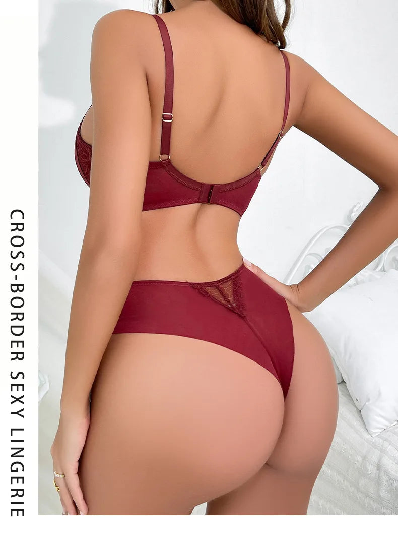 Floral Embroidery Push-Up Bra & Panty Set – Underwire, ¾ Cup, Hollow Design | Women's Lingerie