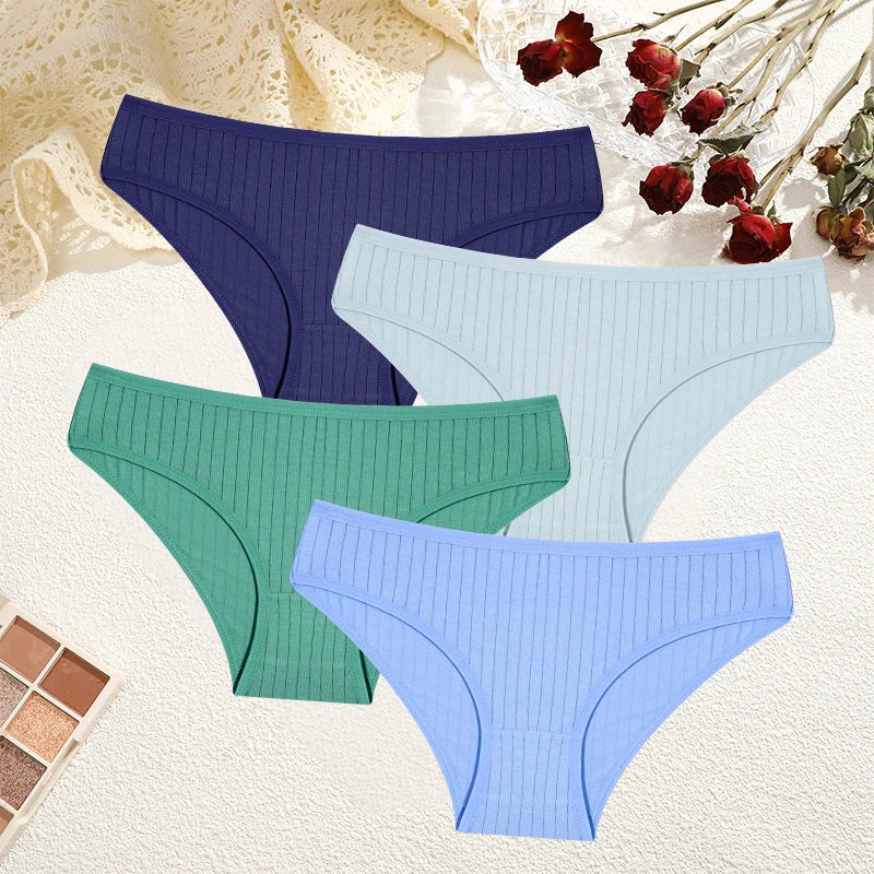 FINETOO 4Pcs Sexy Cotton Panties for Women Underwear Striped Panty Female Soft Lingeries Briefs Pantys Girl Underpant Intimates