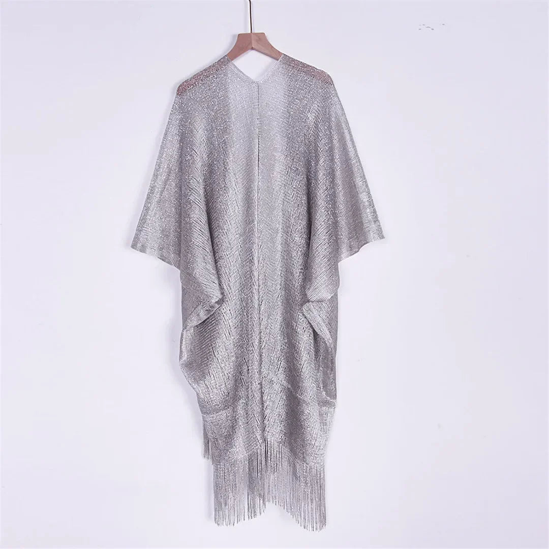 Metallic Tassel Trim Beach Cover-Up — Sheer Kimono | Women's Swimwear