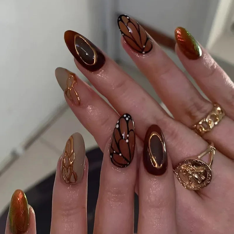 Short Almond Press-On Nails with Glue - Butterfly & Floral Glitter, 24 Pieces