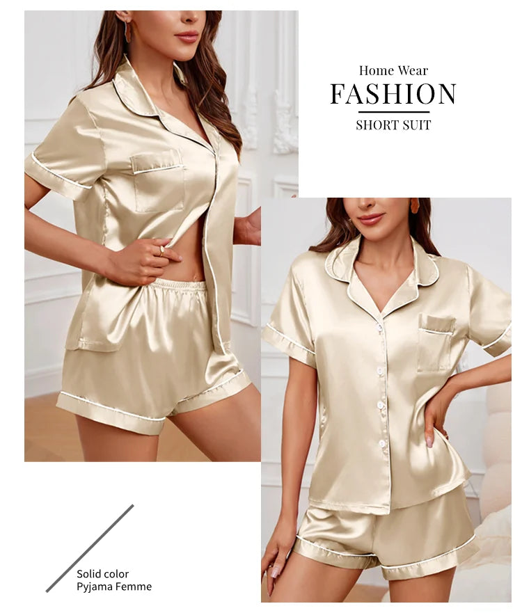 Satin Pajamas Set — Short Sleeve Button Top & Shorts | Women's Summer Sleepwear