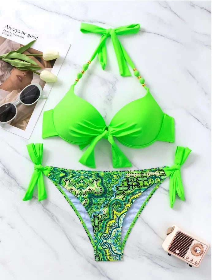 Push-Up Halter Bikini Set — Bow-Tie Top & Printed Side-Tie Bottoms | Women's Swimwear