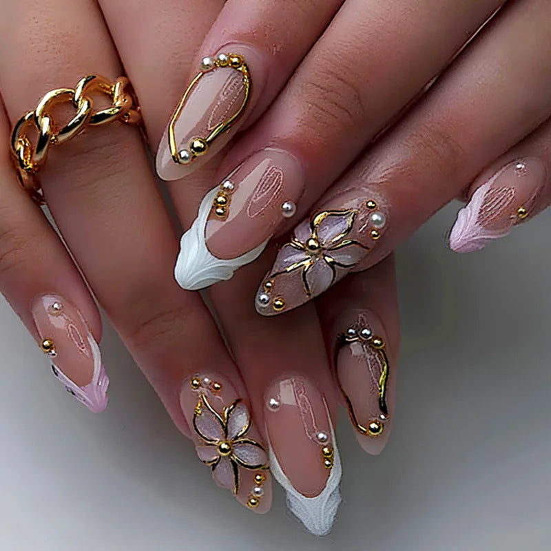 Almond Press-On Nails - 3D Floral, Butterfly & French Tip, 24 Pieces
