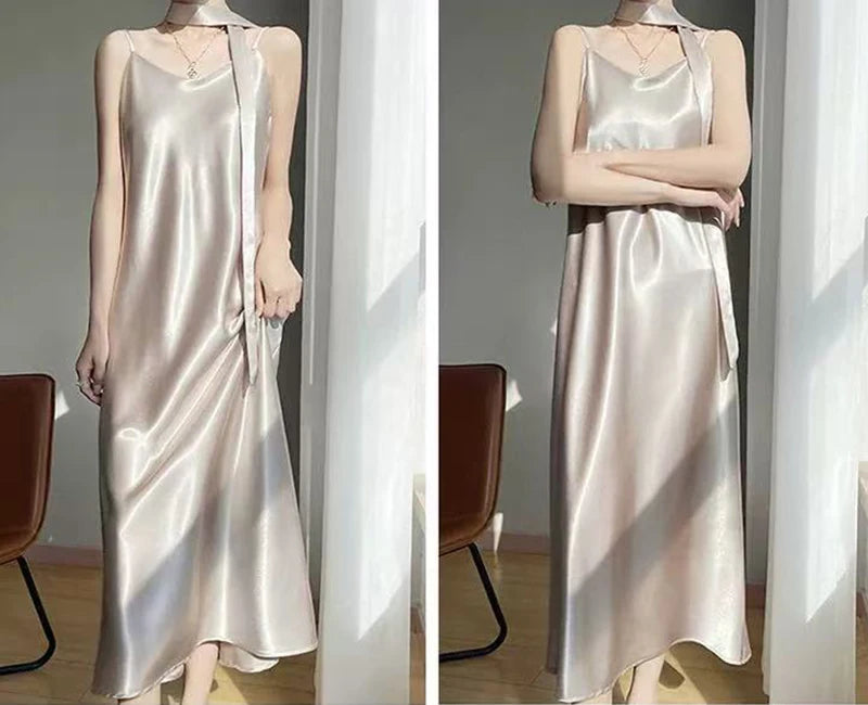 French Elegant Satin Camis Dress Women Summer Loose with Ribbon Midi Dress Female Fashion Aesthetic Party Evening Slip Dress