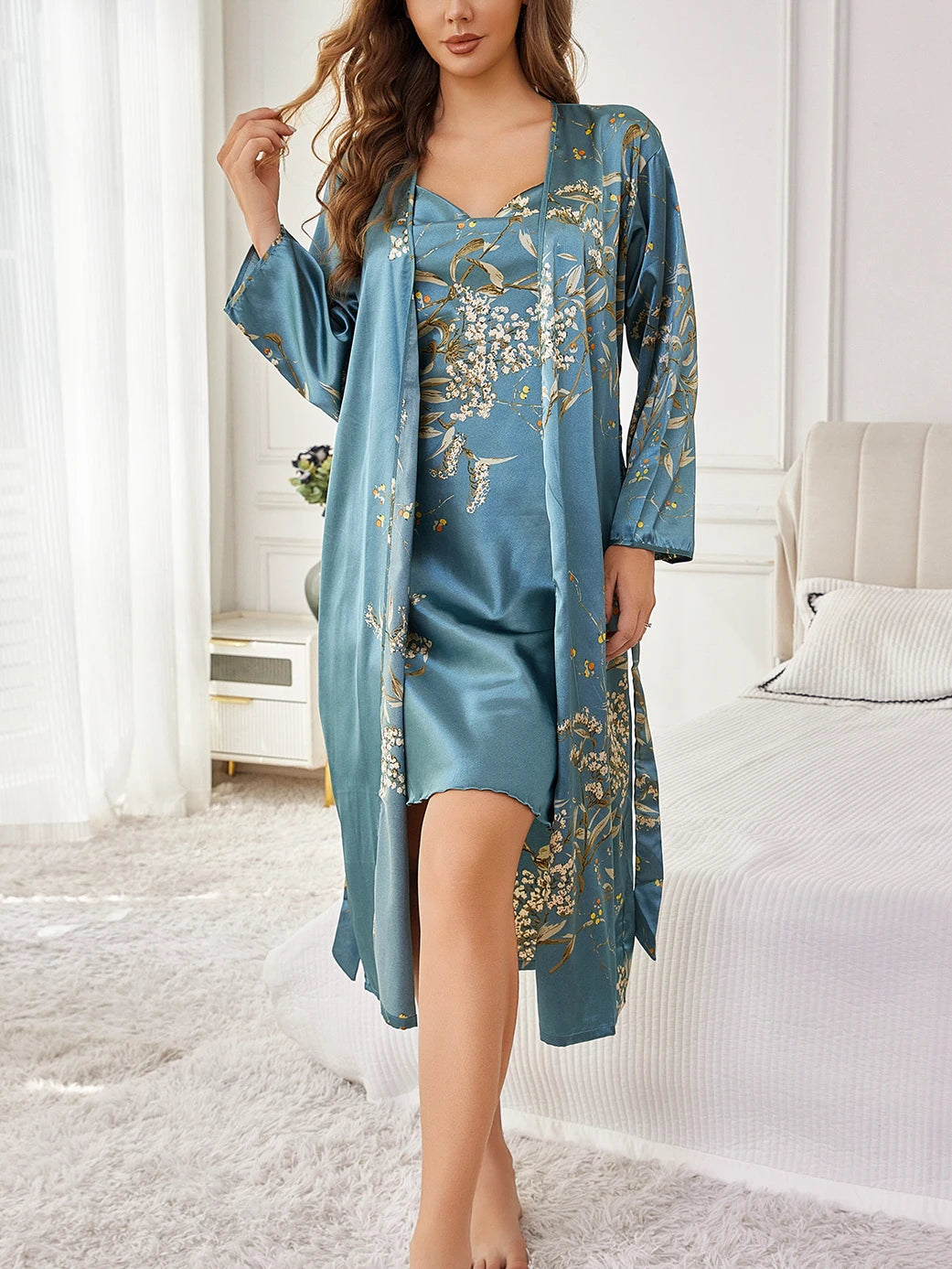 Satin Floral Robe & Camisole Nightdress Set — Elegant 2-Piece Sleepwear