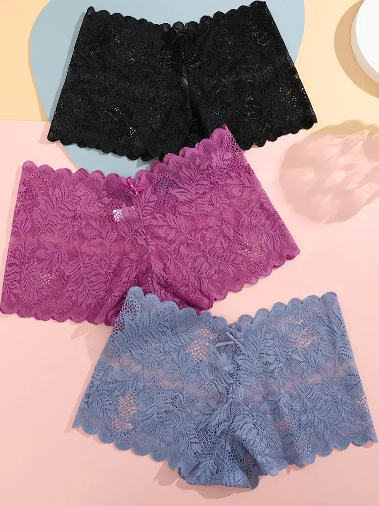 3-Pack Ice Silk Lace Boyshort Briefs – Seamless Low-Rise Underwear for Women (S–XL, 6 Color Sets)