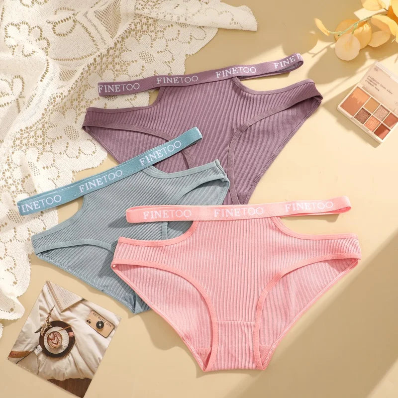 3-Pack Double Letter Belt Hollow-Out Brief Panties – Fashion Cotton Underwear for Women (S–XL, 8 Color Sets)