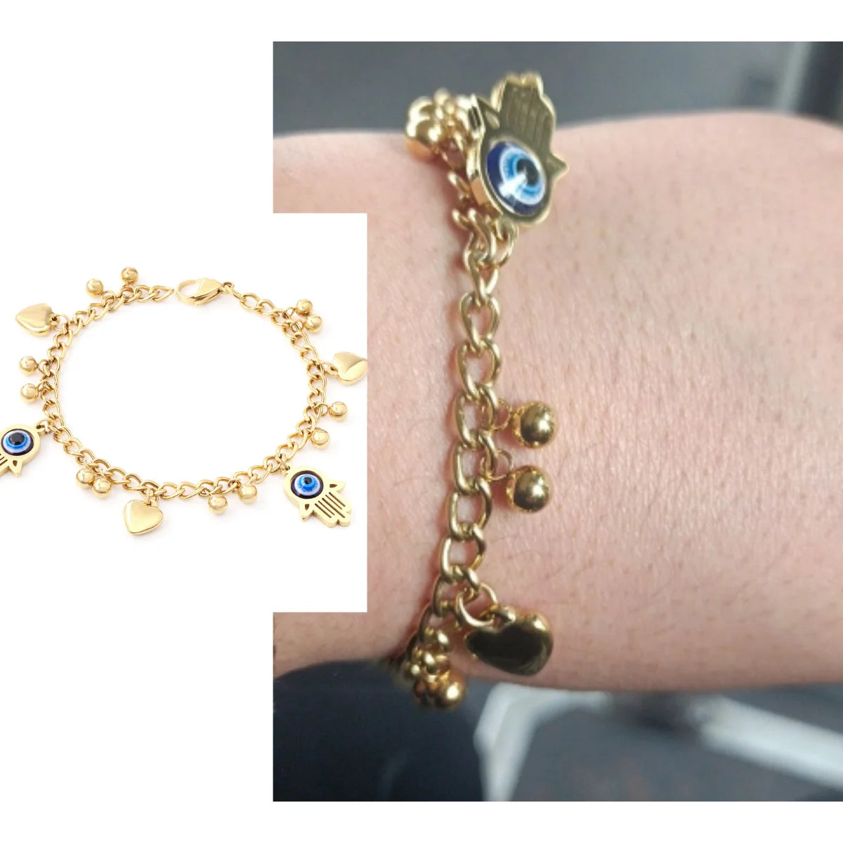 Evil Eye Bracelet – 18K Gold-Plated Stainless Steel Boho Charm Bracelet for Women