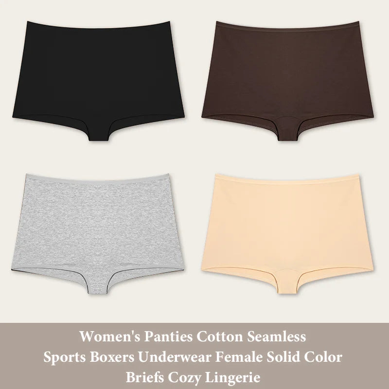 4PCS Women's Panties Cotton Seamless Sports Boxers Underwear Female Solid Color Briefs Cozy Lingerie Intimate Underpants XS-XL