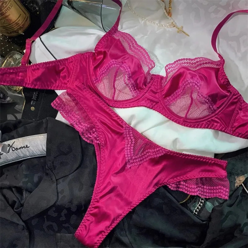 French Ice Silk Lace Push-Up Bra Set – Ultra-Thin, Breathable, ¾ Cup | Women's Lingerie