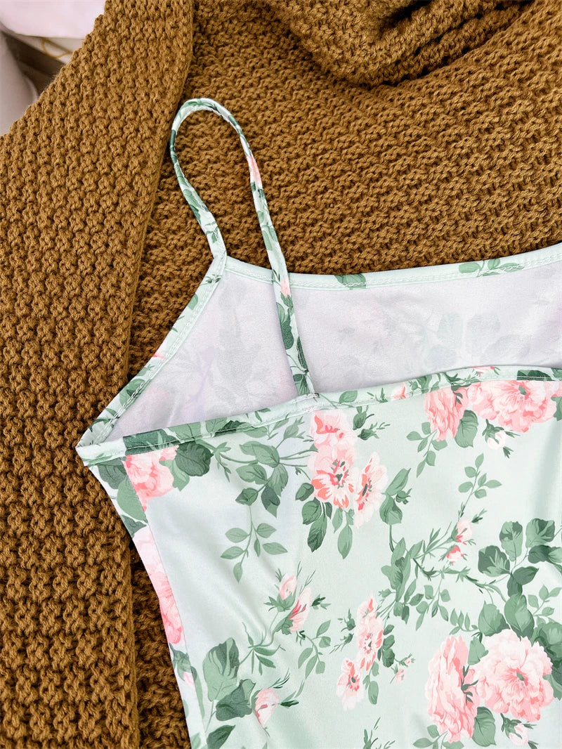 Butterfly Print Satin Sleep Dress — Spaghetti Strap Mini Nightgown