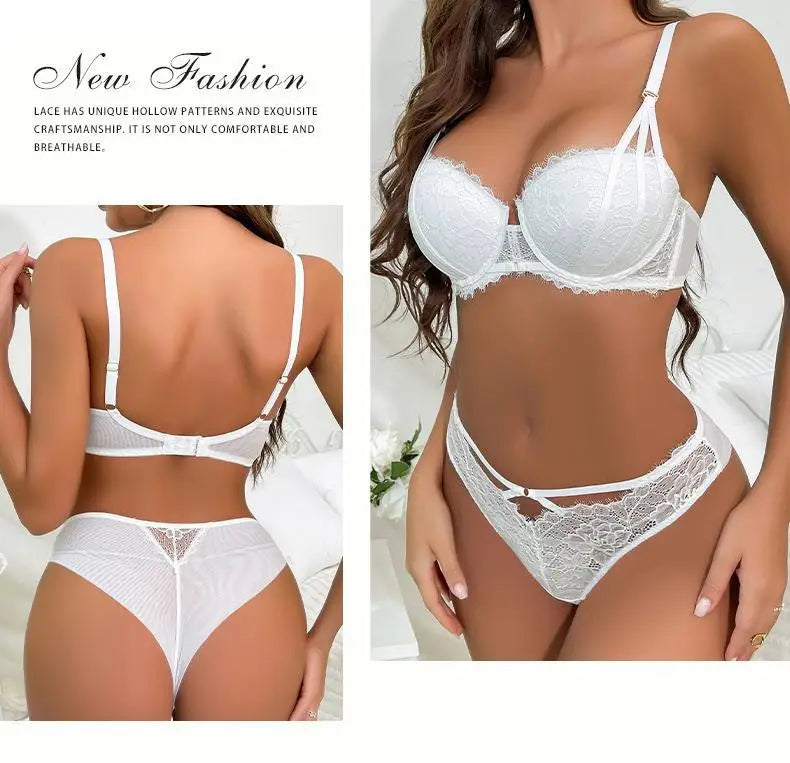 Floral Embroidery Push-Up Bra & Panty Set – Underwire, ¾ Cup, Hollow Design | Women's Lingerie
