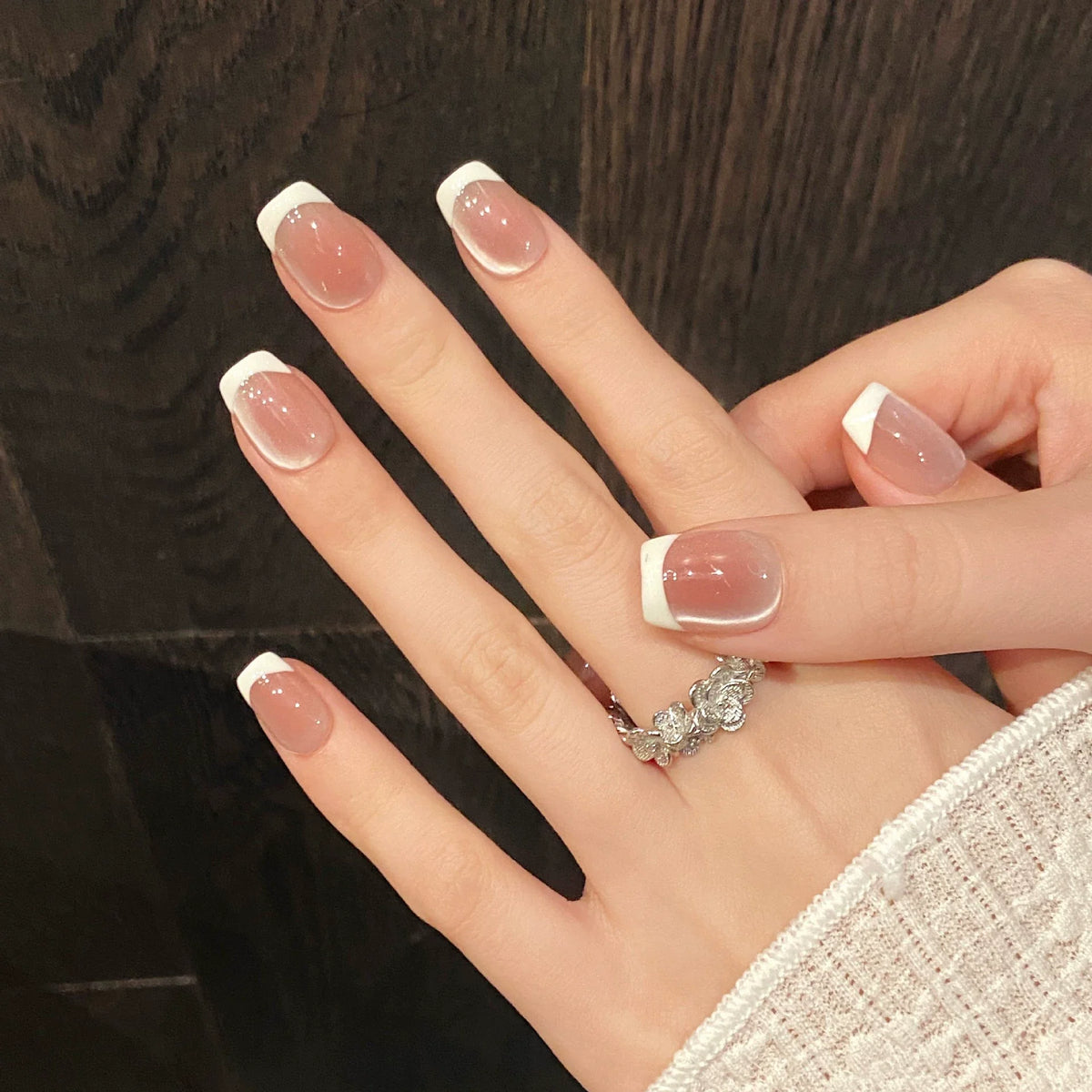 Handmade Coffin Press-On Nails with Glue - Nude French & Gradient, 10 Pieces