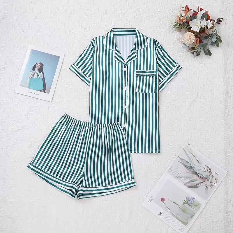 Striped Cardigan Pajama Set – Short-Sleeve Lapel Top & Shorts, Cotton Homewear for Women (S–XL)