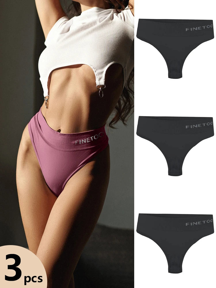 FINETOO 3pcs Women's Stretchy Panties Sexy High Waist Thongs Plus Size Underwear for Female Breathable Solid Soft Lingerie M-2XL