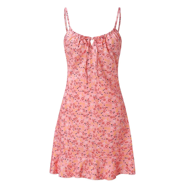 Floral Print Spaghetti Strap Mini Camisole Dress – Fit & Flare, Zipper | Women's Summer Beach Dress S–5XL