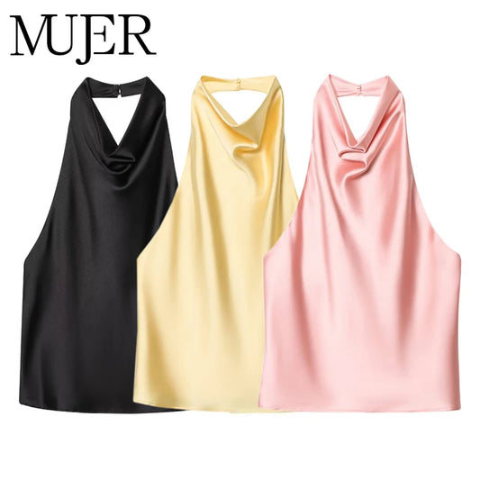 Satin Halter Cowl-Neck Backless Top — Women's Camisole