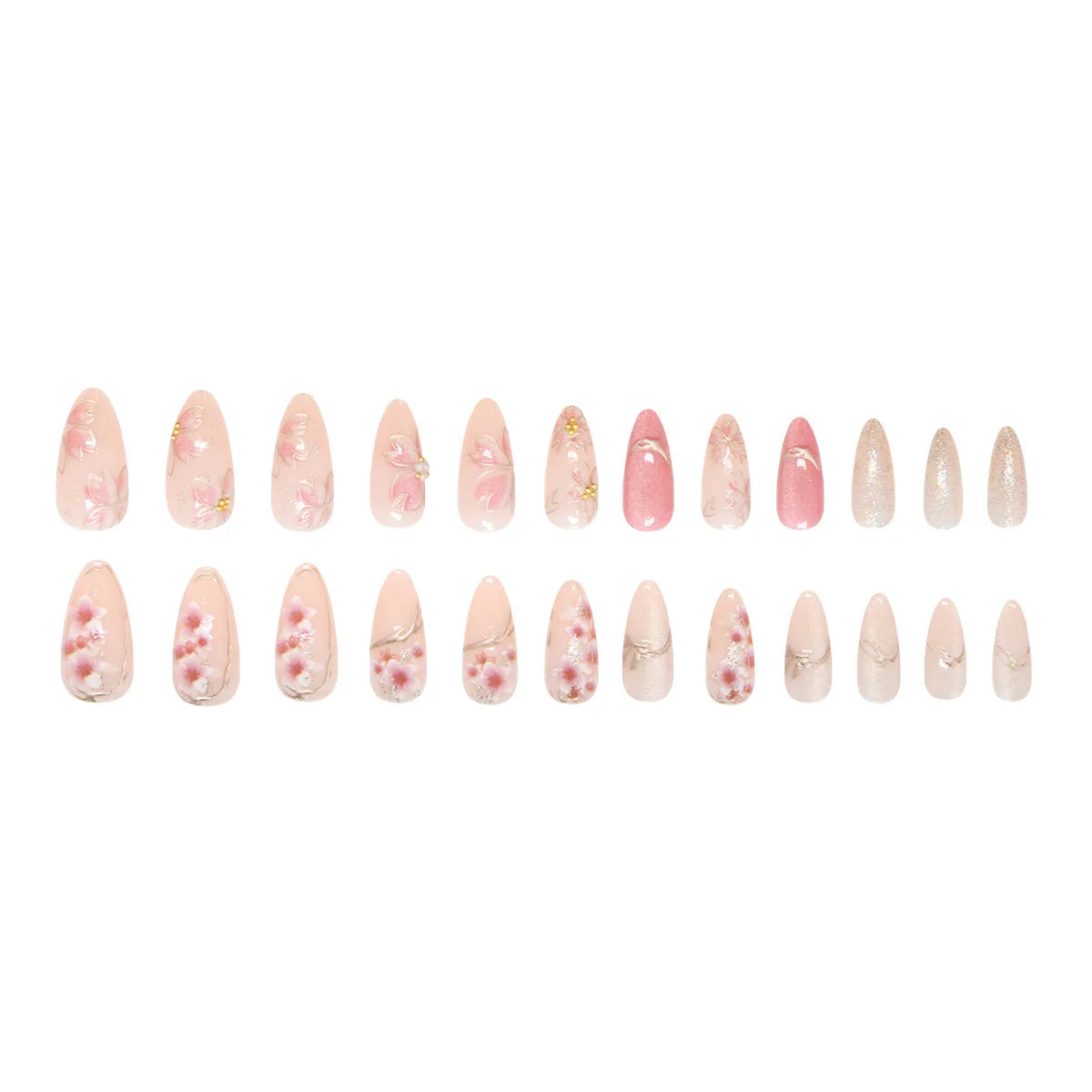 Pink Floral Press-On Nails – Almond Flower Designs, 24 Pieces