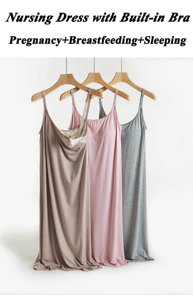 Women's Maternity Nursing Tank Dress with Built-in Bra Breastfeeding Long Sleeveless Nightdress for Pregnant Nursing Mothers