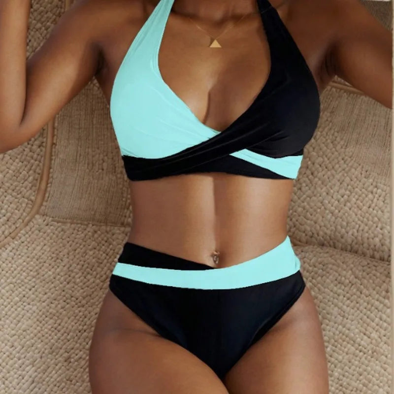 Color Block Wrap Bikini Set — Halter Crossover Top & High Waist Bottoms | Women's Swimwear